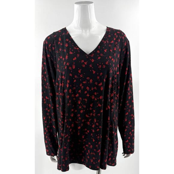Lane Bryant Top Plus Size 22 / 24 Black Red Floral V Neck Tee Shirt Long Sleeve - Picture 1 of 5